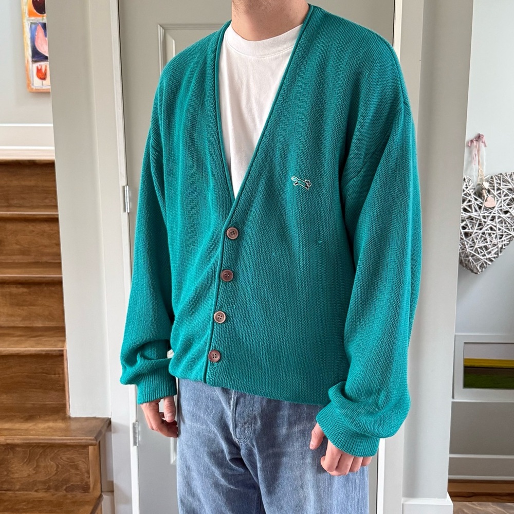 Vintage 90s Fox Teal Knit Cardigan Sweater